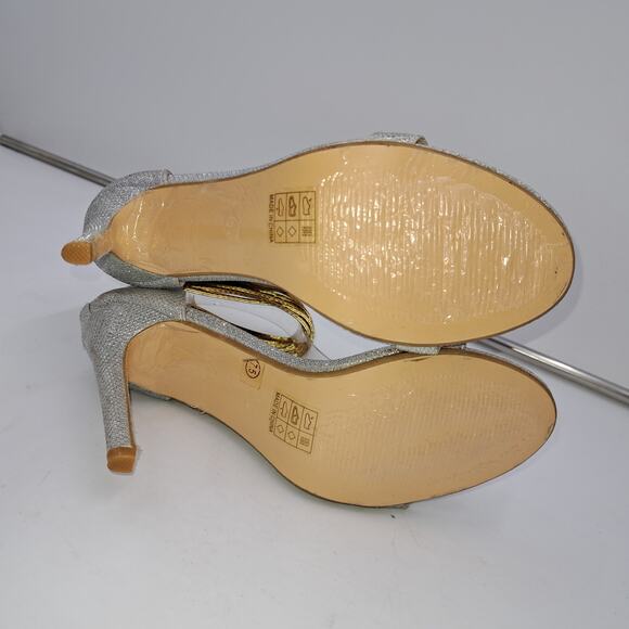 Women 7.5 Silver Lamé Gold Stringy Ankle Strap Stilletto Heel Open Toe Sandals - Picture 6 of 8